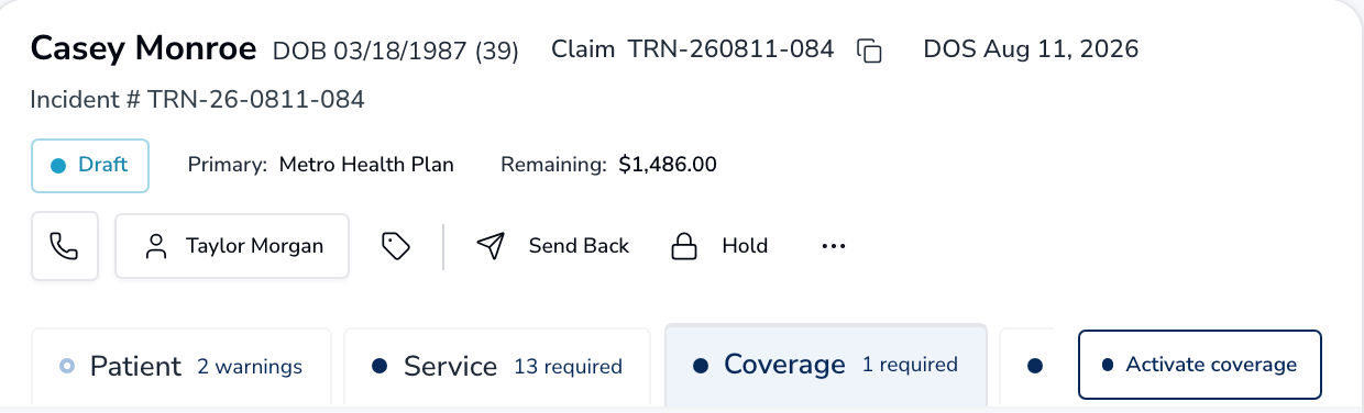 A draft claim with the patient, payer, and remaining balance