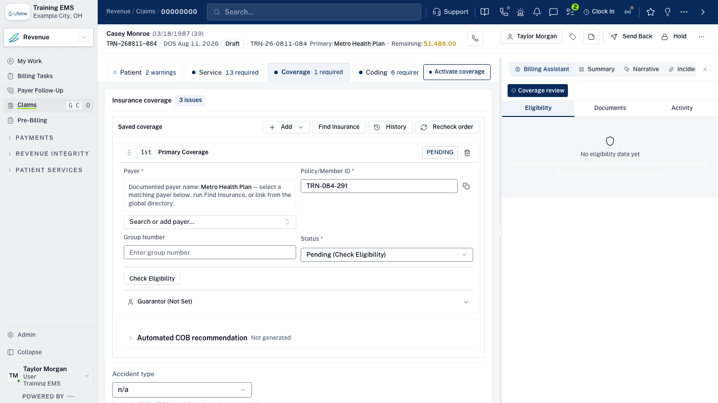 LifelineIQ Revenue workspace with fictional training data